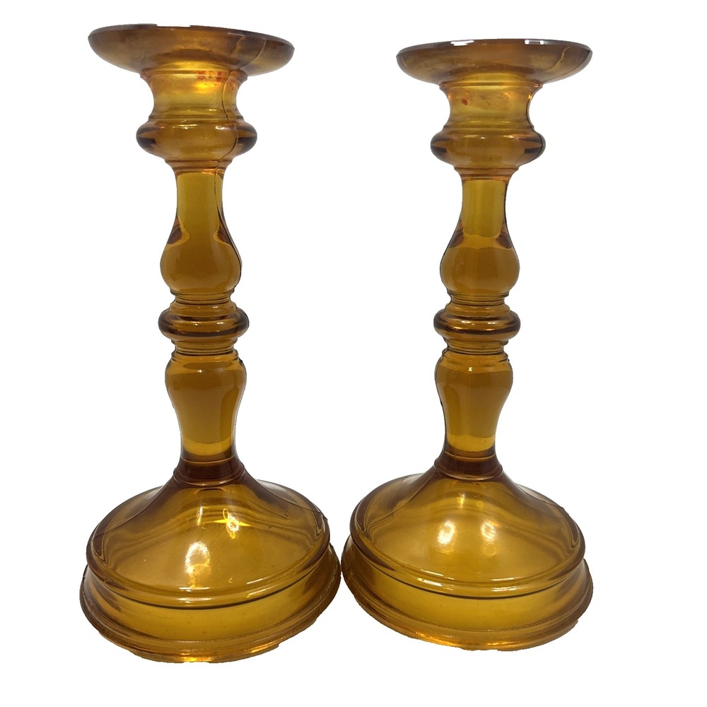 Pair of Vintage MCM Tiffin Depression Glass Amber Candlesticks #76 - 8.5" 1920s
